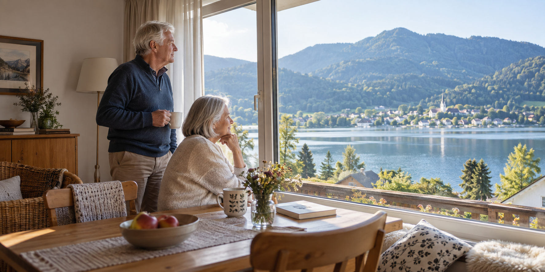 Ein älteres Paar blickt in einer Ferienwohnung auf einen österreichischen See