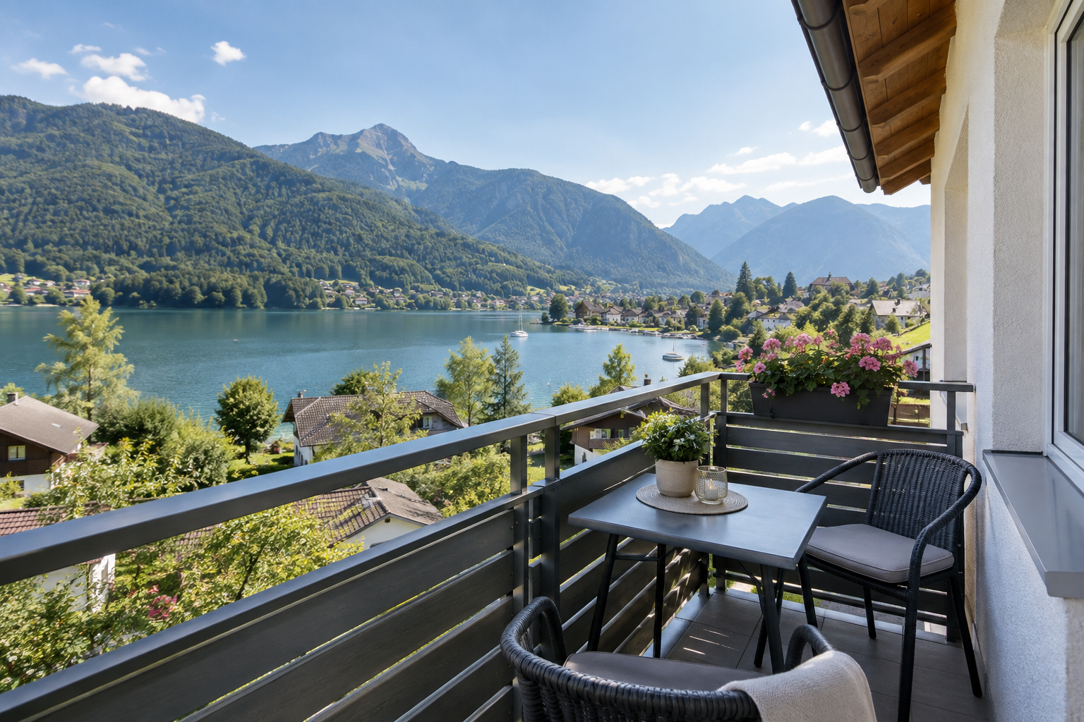 Balkon einer Ferienwohnung mit Blick auf einen österreichischen See und die Berge